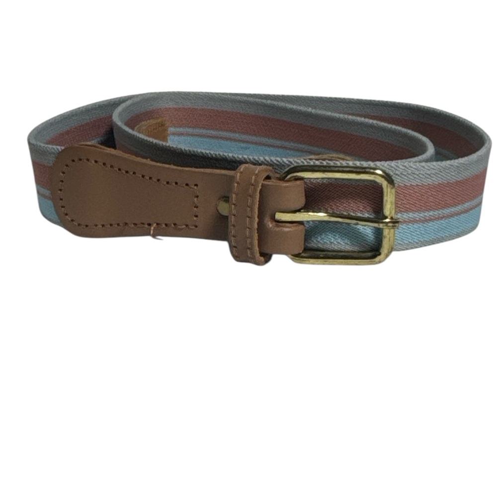 Preppy Fabric & Leather Belt Gray Pink & Blue Stripe Brass Buckle Size 34